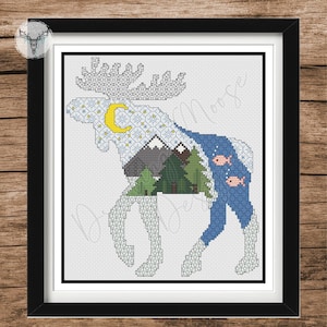 Op de afbeelding: Kruissteekpatroon van een eland met een berglandschap in zijn silhouet. De eland is zwart omlijnd en het berglandschap is gevuld met blauwe, groene en witte kleuren. Het patroon bevat een halve maan, sterren en vissen.