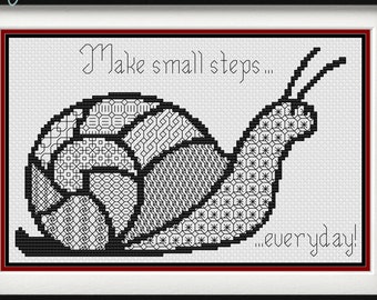 MAKE SMALL STEPS Everyday - Blackwork & Cross Stitch Blend - Pdf Digital Pattern - Snail, garden, walking, goal