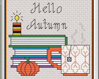 HELLO AUTUMN - Blackwork & Cross Stitch Blend - Pdf Digital Pattern - Fall, Tea, Pumpkin, Books, Candle, Reading, Leaves