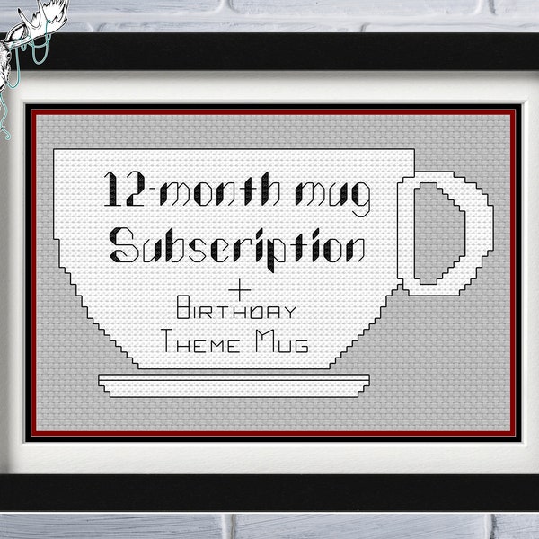 12-MONTH MUG SUBSCRIPTION - Blackwork & Cross Stitch Blend - Pdf Digital Pattern - Kitchen, Coffee Cups