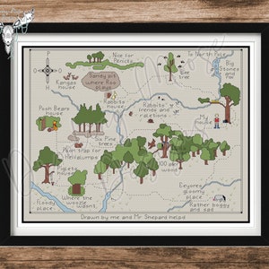 May include: A hand-drawn map of the Hundred Acre Wood from Winnie the Pooh, featuring locations like Pooh Bear's house, Piglet's house, Rabbit's house, and the Floody Place. The map is drawn in a simple style with green trees, brown houses, and blue rivers.
