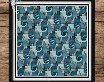 CATS PINWHEEL - Cross-stitch & Blackwork combo, Pdf digital pattern, teal, patchwork