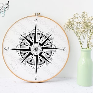 BLOMKOMPASS | Digital PDF-broderimall, kompass, stjärnor, inspiration, navigering, nautisk, blommor, blommig, feminin, 20 cm.