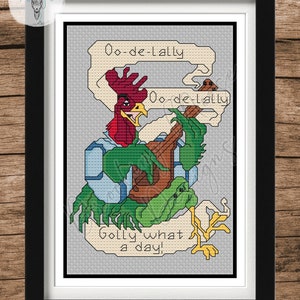 OO-DE-LALLY Haan kruissteek | 4x6 | Pdf digitaal patroon, lied, gitaar, kip, pik, muziek, Robin Hood