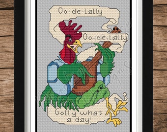 Oo De Lally Rooster Cross Stitch Pattern PDF, Chicken Kitchen Decor, Farmhouse Style, Whimsical Folk Art, Small 4x6 Design, Instant Download