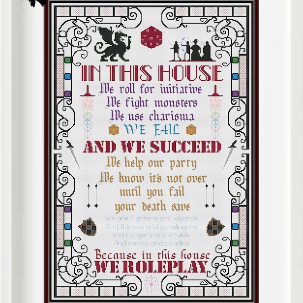 IN THIS HOUSE D&D - Blackwork and Cross Stitch Blend - Pdf Digital Pattern Dungeon and Dragon Role-play Game