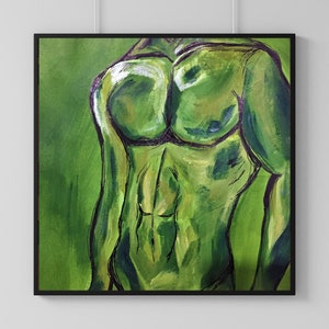 Pittura acrilica con stampa artistica di figura maschile/nudo in verde