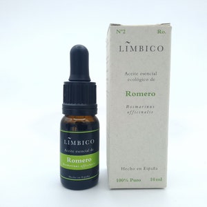 Pure and organic Rosemary essential oil. Essence of Rosmarinus officinalis. Made in Spain.