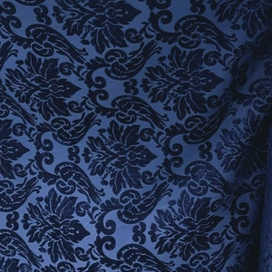 DARK BLUE Damask Chenille Upholstery Brocade Fabric (54 in.) Sold By The Yard