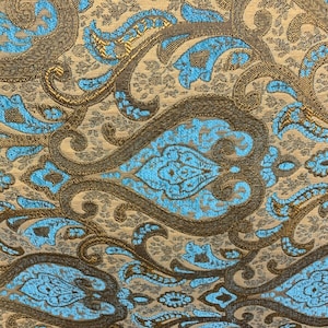 TURQUOISE BLUE GOLD Damask Chenille Upholstery Brocade Fabric (56 in.) Sold By The Yard