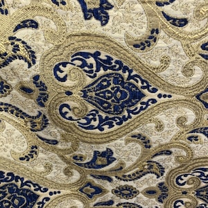 BLUE GOLD Damask Chenille Upholstery Brocade Fabric (56 in.) Sold By The Yard
