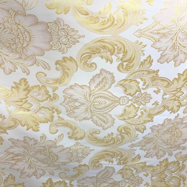 IVORY GOLD Damask Brocade Upholstery Drapery Fabric (110 in.) Sold By The Yard