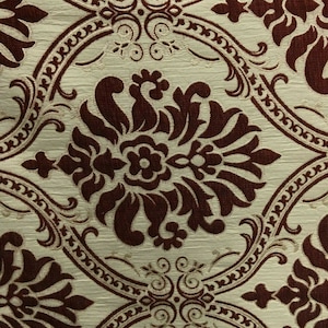 BURGUNDY BEIGE Damask Chenille Upholstery Brocade Fabric (54 in.) Sold By The Yard
