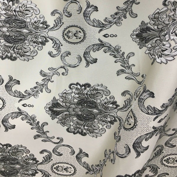 Beige Gray Black White Damask Brocade Upholstery Drapery Fabric (54 in.) Sold By The Yard