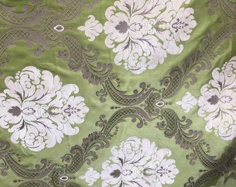 APPLE GREEN IVORY Damask Chenille Upholstery Brocade Fabric (54 in.) Sold By The Yard