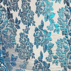 TURQUOISE BLUE WHITE Floral Brocade Fabric (60 in.) Sold By The Yard