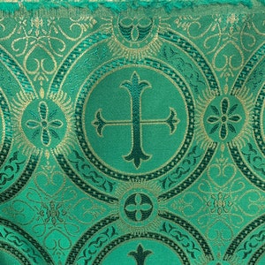 GREEN GOLD Metallic Liturgical Cross Brocade Fabric (55 in.) Sold By The Yard