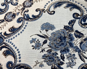 DARK BLUE GOLD Floral Brocade Fabric (60 in.) Sold By The Yard