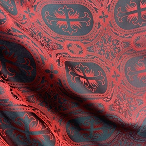 RED BLACK Liturgical Cross Brocade Fabric (55 in.) Sold By The Yard