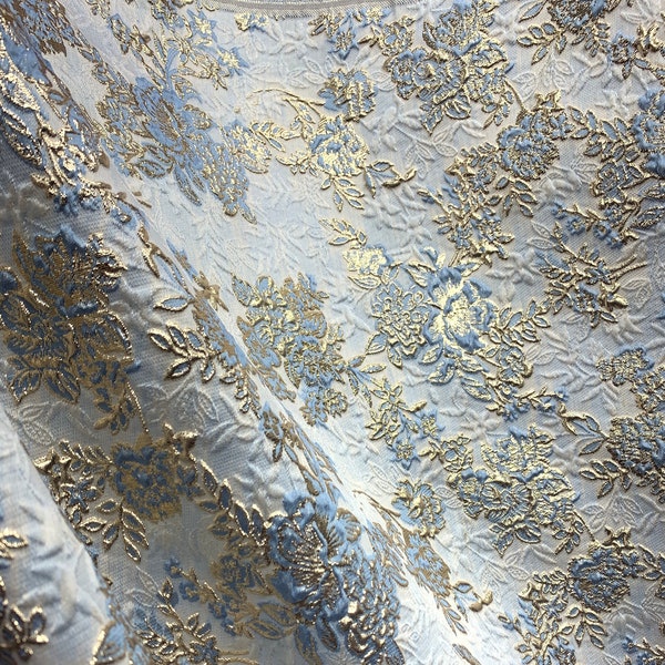 BABY BLUE GOLD Floral Brocade Fabric (60 in.) Sold By The Yard