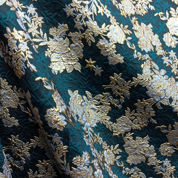 DARK TEAL GOLD Floral Brocade Fabric (60 in.) Sold By The Yard