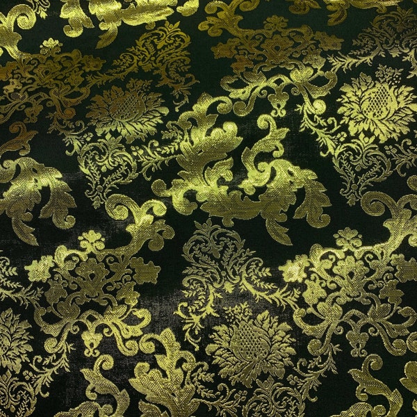 GOLD BLACK Damask Metallic Brocade Fabric (58 in.) Sold By The Yard