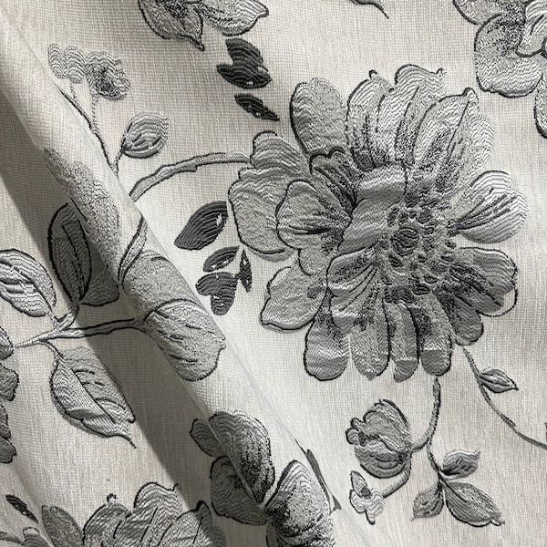 IVORY GRAY Floral Chenille Upholstery Fabric (54 in.) Sold By The Yard