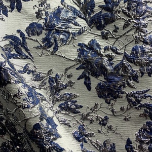 NAVY BLUE SILVER Floral Brocade Fabric (60 in.) Sold By The Yard
