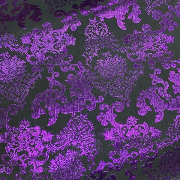 PURPLE BLACK Damask Metallic Brocade Fabric (58 in.) Sold By The Yard