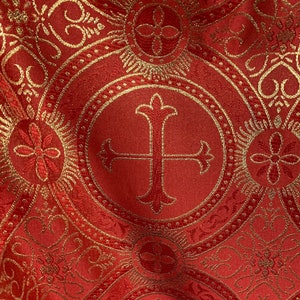 RED GOLD Metallic Liturgical Cross Brocade Fabric (55 in.) Sold By The Yard