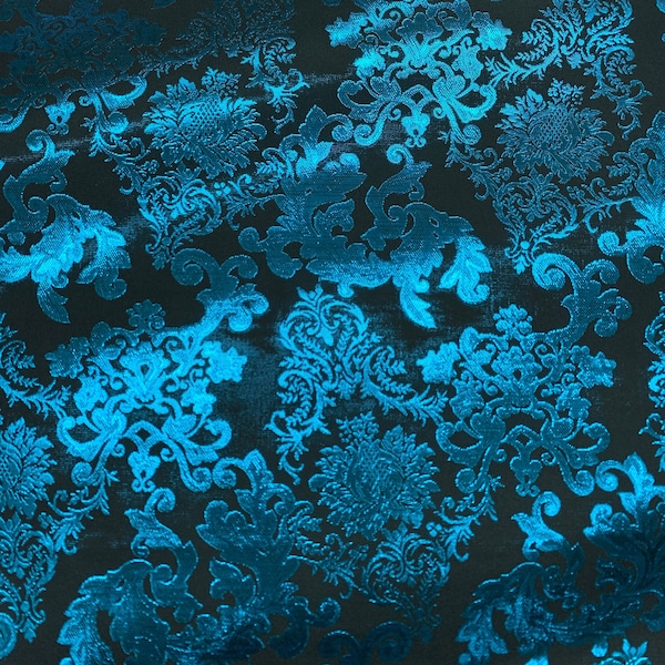 TURQUOISE BLUE BLACK Damask Metallic Brocade Fabric (58 in.) Sold By The Yard