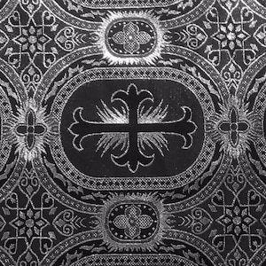 BLACK SILVER Metallic Liturgical Cross Brocade Fabric (55 in.) Sold By The Yard