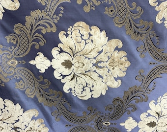 DARK BLUE BEIGE Damask Chenille Upholstery Brocade Fabric (54 in.) Sold By The Yard