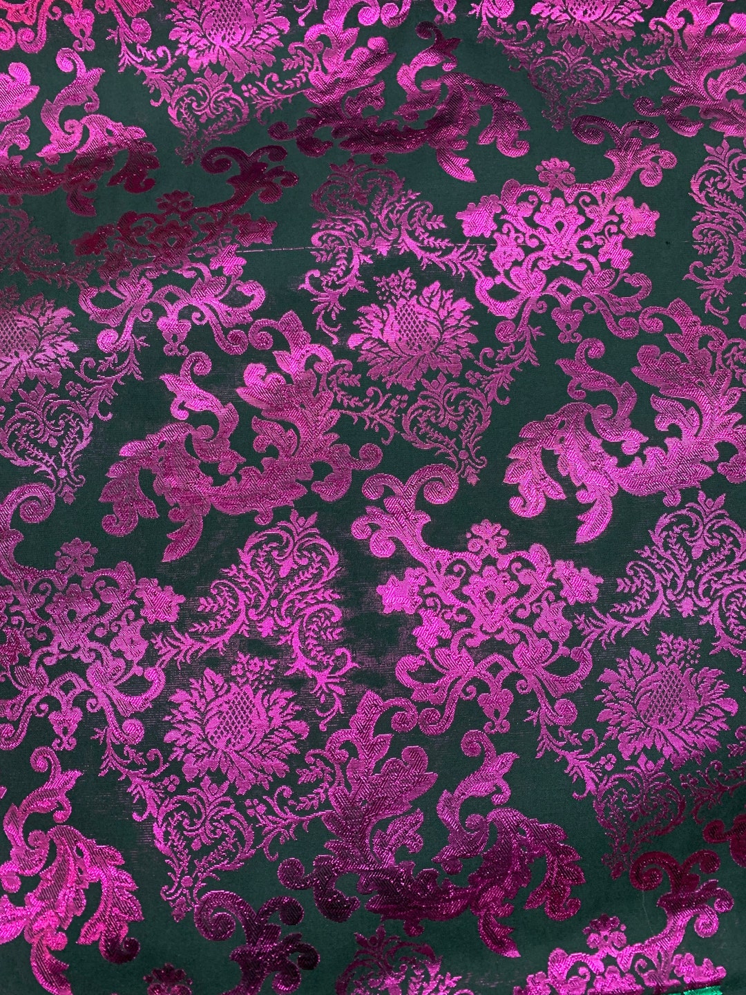 FUCHSIA PINK BLACK Damask Metallic Brocade Fabric 58 In. Sold by the
