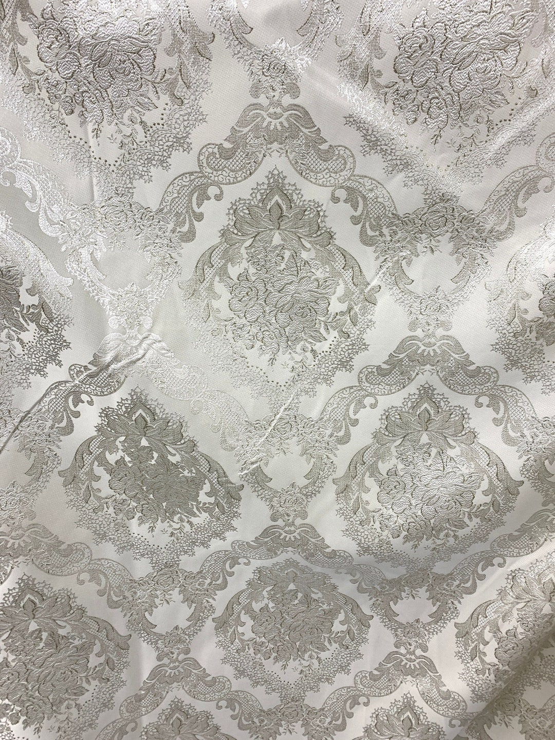 WHITE GOLD Metallic Floral Brocade Upholstery Drapery Fabric 110 In