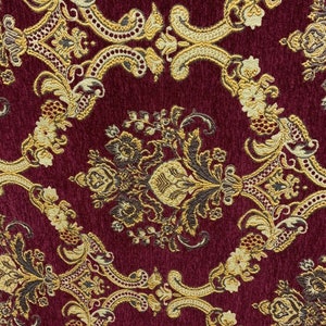 BURGUNDY GOLD Damask Chenille Upholstery Brocade Fabric (54 in.) Sold By The Yard