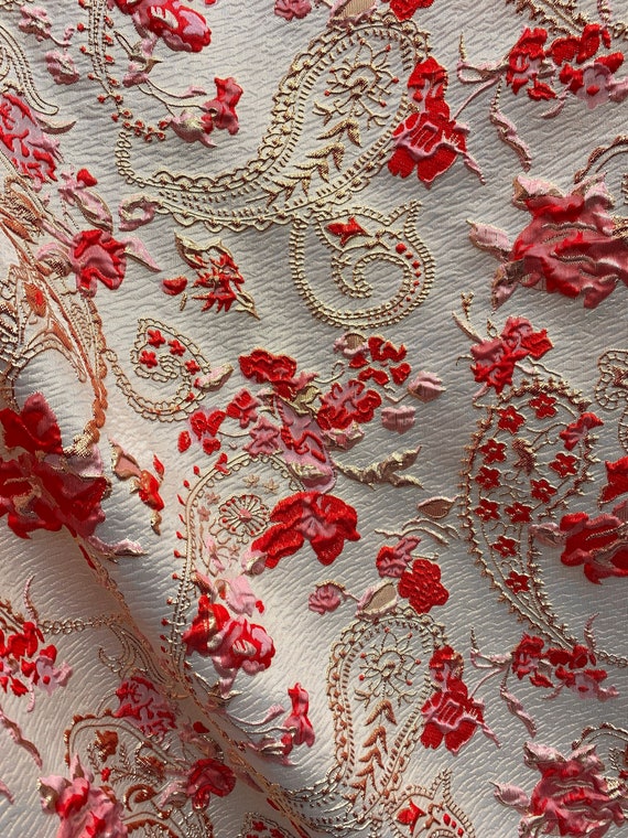 RED PINK GOLD Floral Paisley Brocade Fabric (60 In.) Sold by the