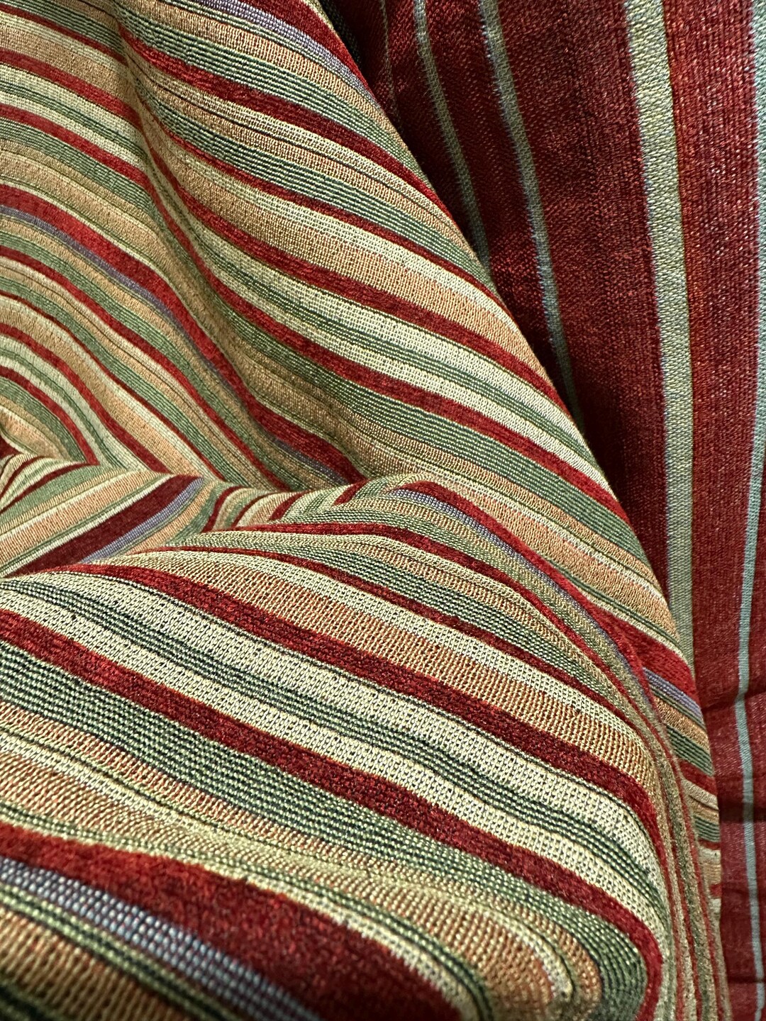 BURGUNDY GREEN Striped Chenille Upholstery Brocade Fabric (54 In.) Sold ...