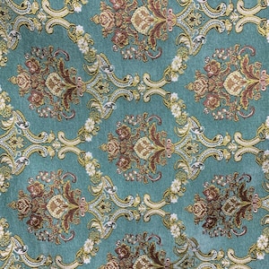 LIGHT TEAL GOLD Damask Chenille Upholstery Brocade Fabric (54 in.) Sold By The Yard