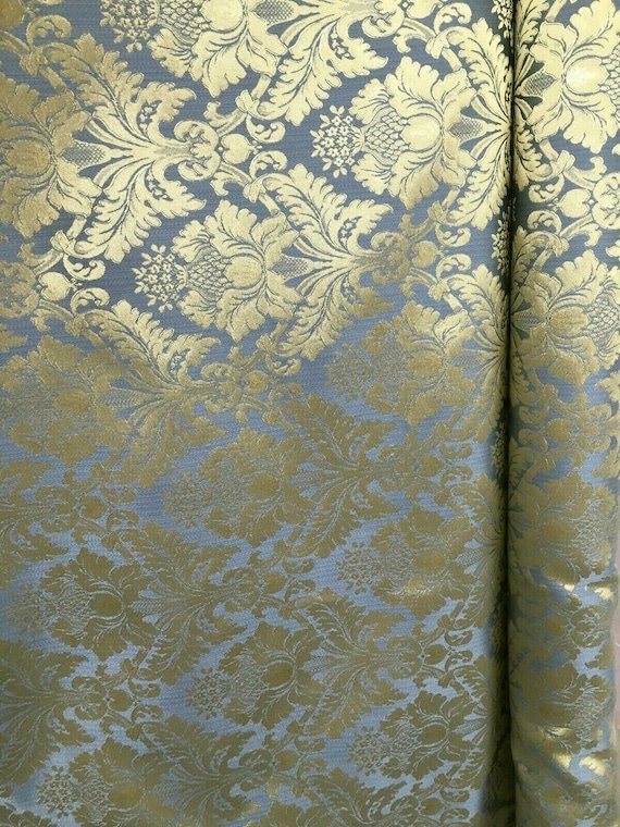 BLUE GOLD Damask Jacquard Brocade Flower Floral Fabric 110 Etsy