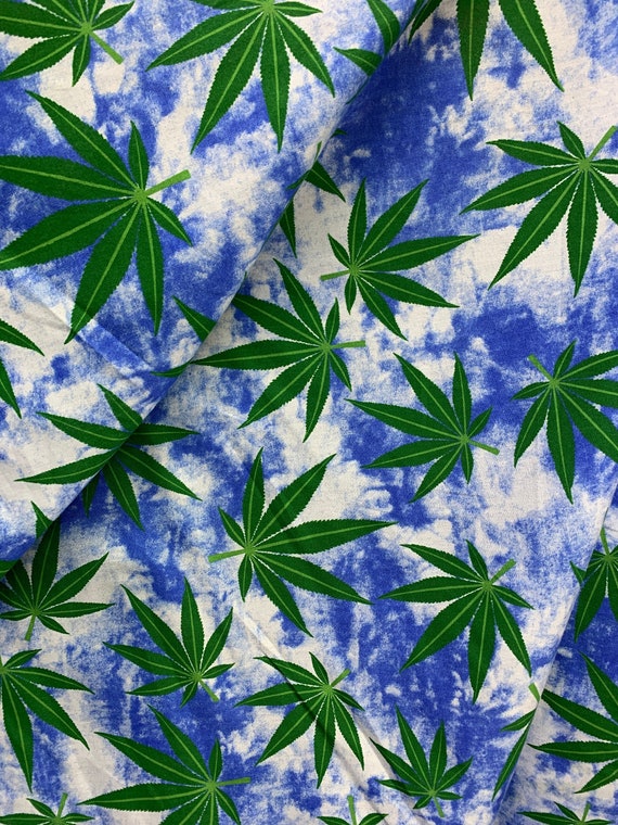 BLUE GREEN Marijuana Cannabis Leaf Printed Poly Cotton Fabric (58