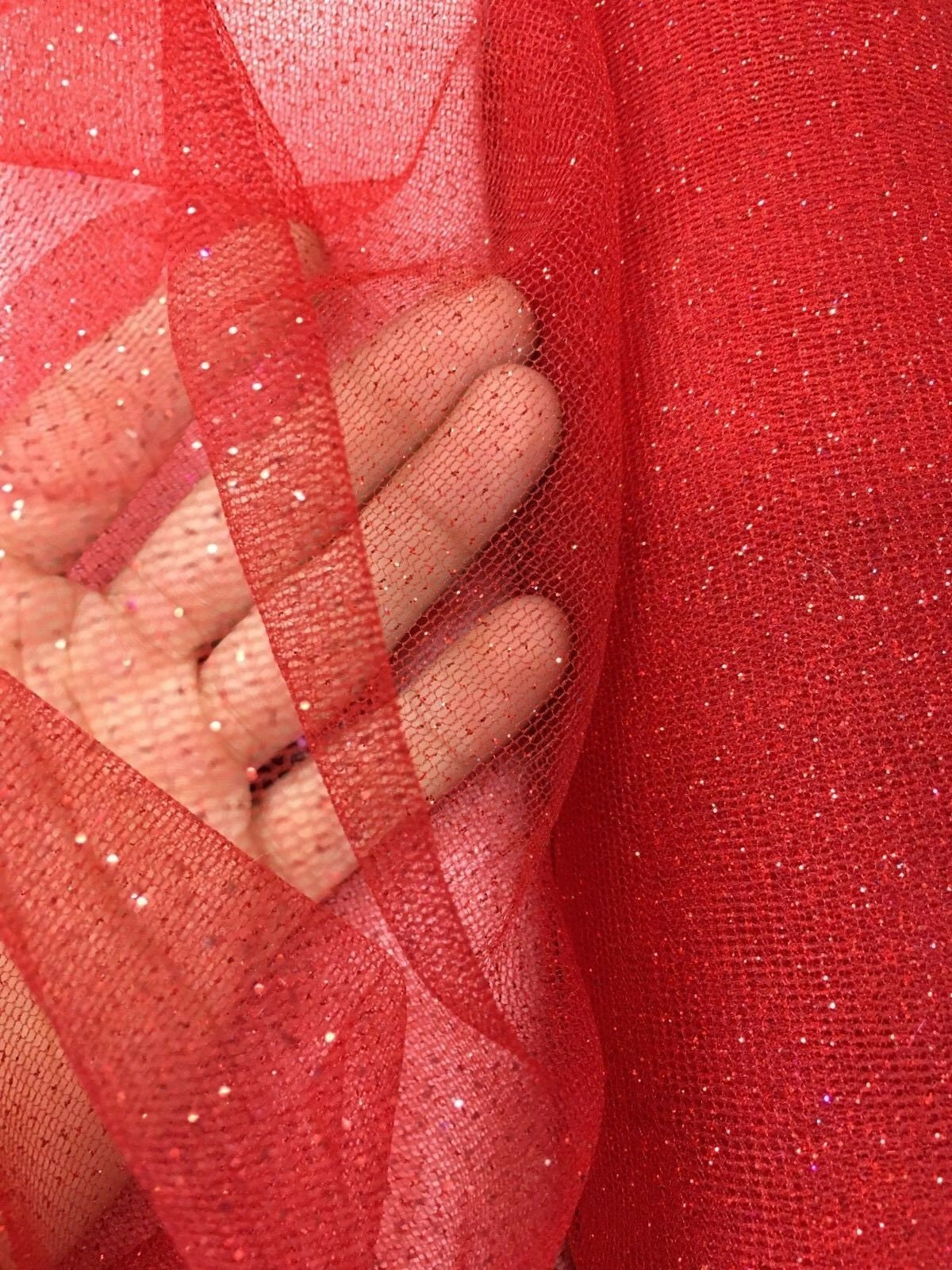 Sparkling Glitter Tulle Fabric - Red - Sparkling Glitter Tulle Mesh Fa