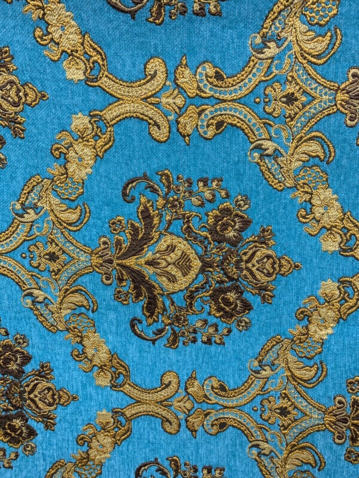 TURQUOISE BLUE GOLD Damask Chenille Upholstery Brocade Fabric (54