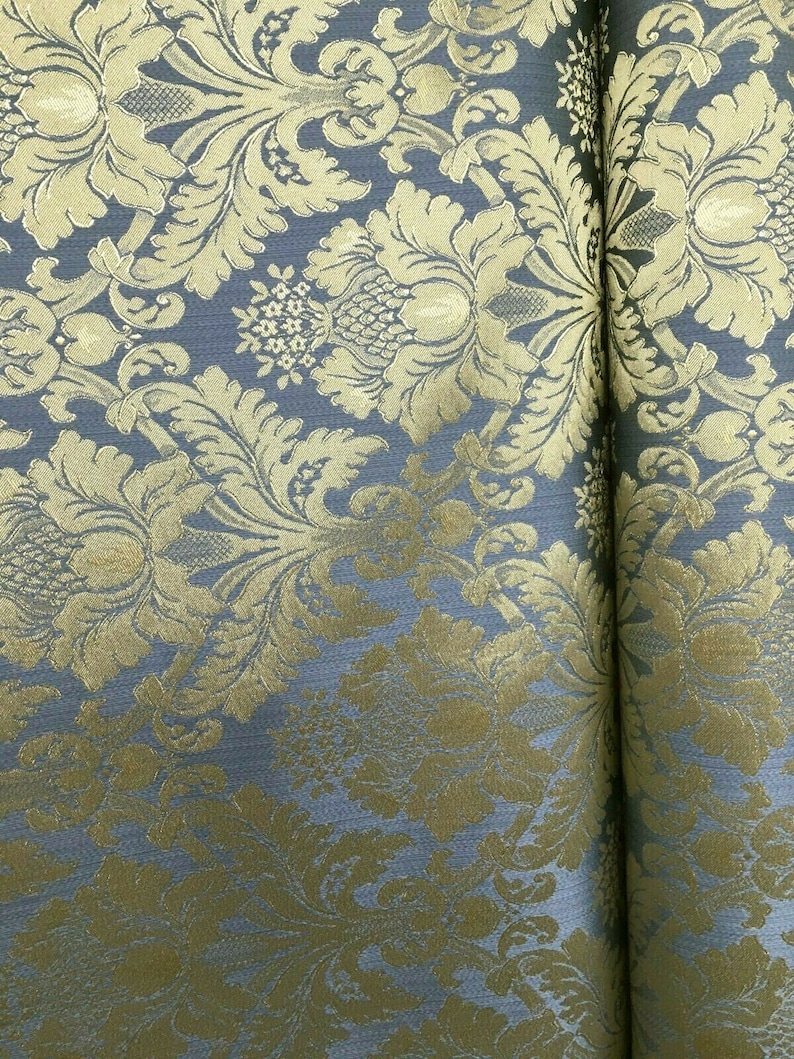 BLUE GOLD Damask Jacquard Brocade Flower Floral Fabric (110 In.) Sold ...