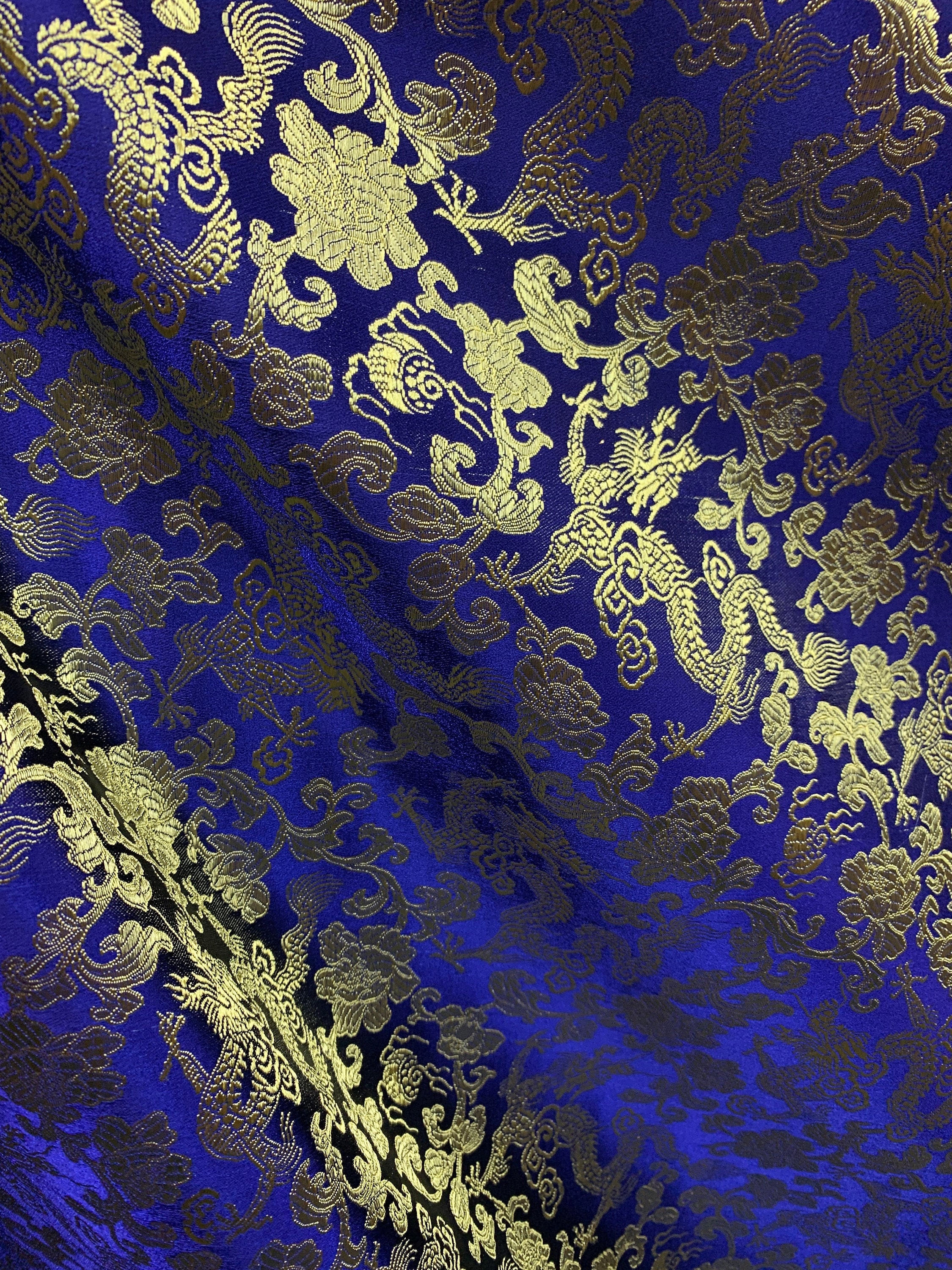 Silk Heavy Brocade Jacquard Fabric Dark Navy Blue & Gold BRO93[4] by The  Yard