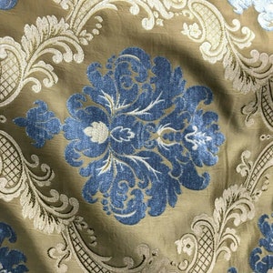 Blue Dark Gold Damask Chenille Upholstery Brocade Fabric (54 in.) Sold By The Yard