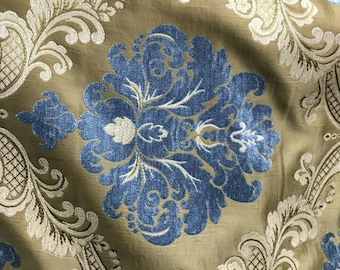 Blue Dark Gold Damask Chenille Upholstery Brocade Fabric (54 in.) Sold By The Yard