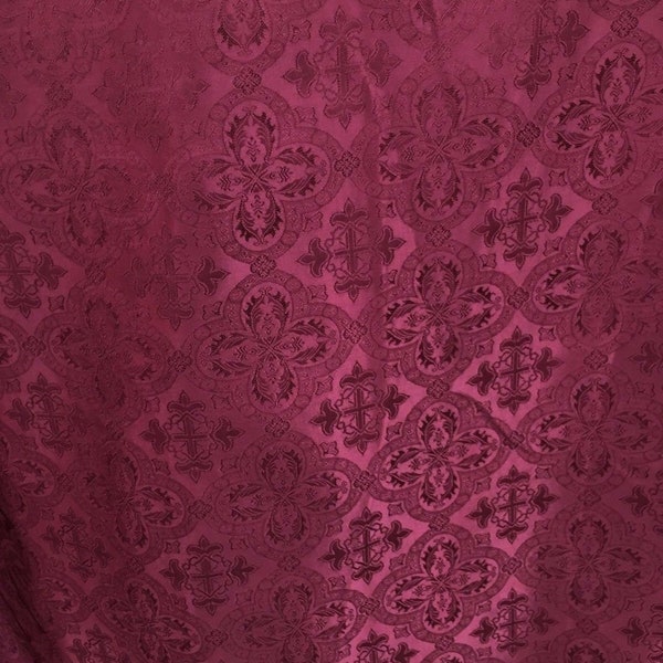 BURGUNDY Liturgical Cross Brocade Fabric (60 in.) Sold By The Yard