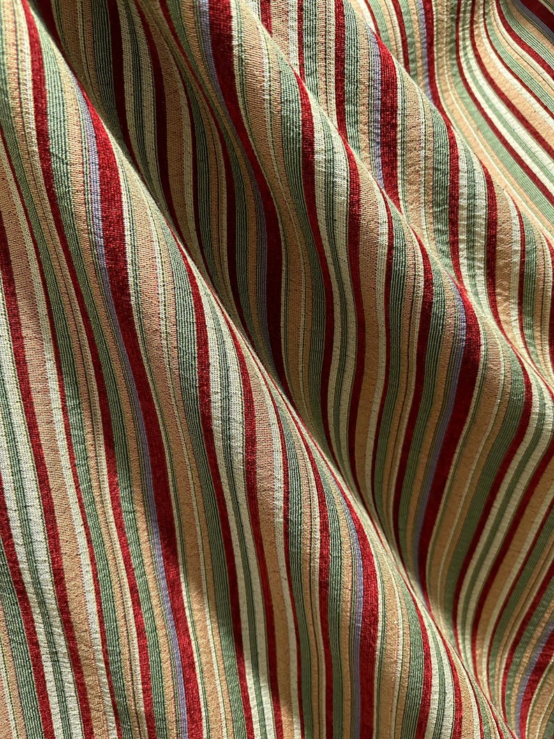 BURGUNDY GREEN Striped Chenille Upholstery Brocade Fabric (54 In.) Sold ...