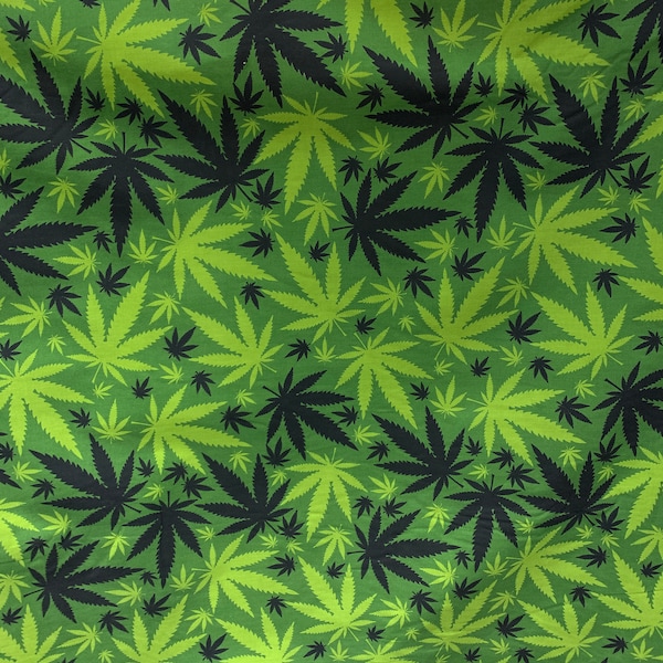 GREEN Marijuana Cannabis Leaf Printed Poly Cotton Fabric (58 in.) Sold By The Yard